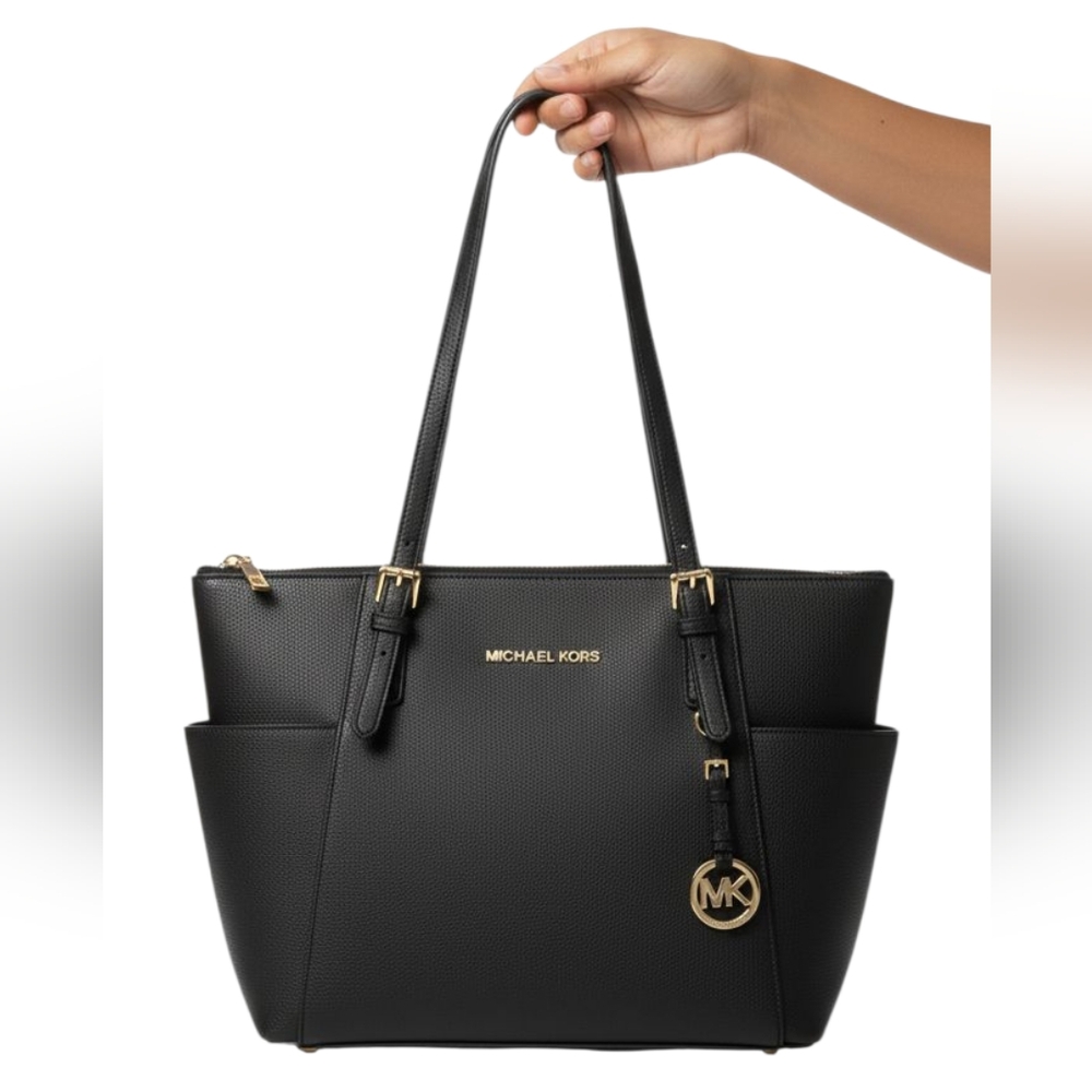 Michel Kors Black Pebbled Leather Shoulder Bag With Side Pockets